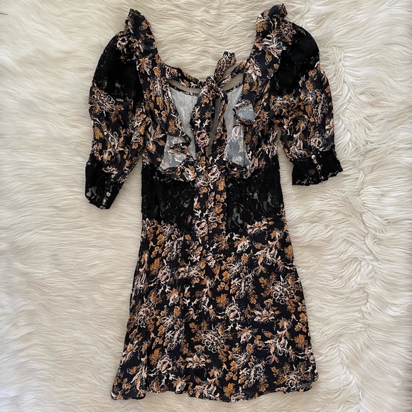 Free People Black Orange Floral Lace Short Sleeve Dress - Picture 8 of 12